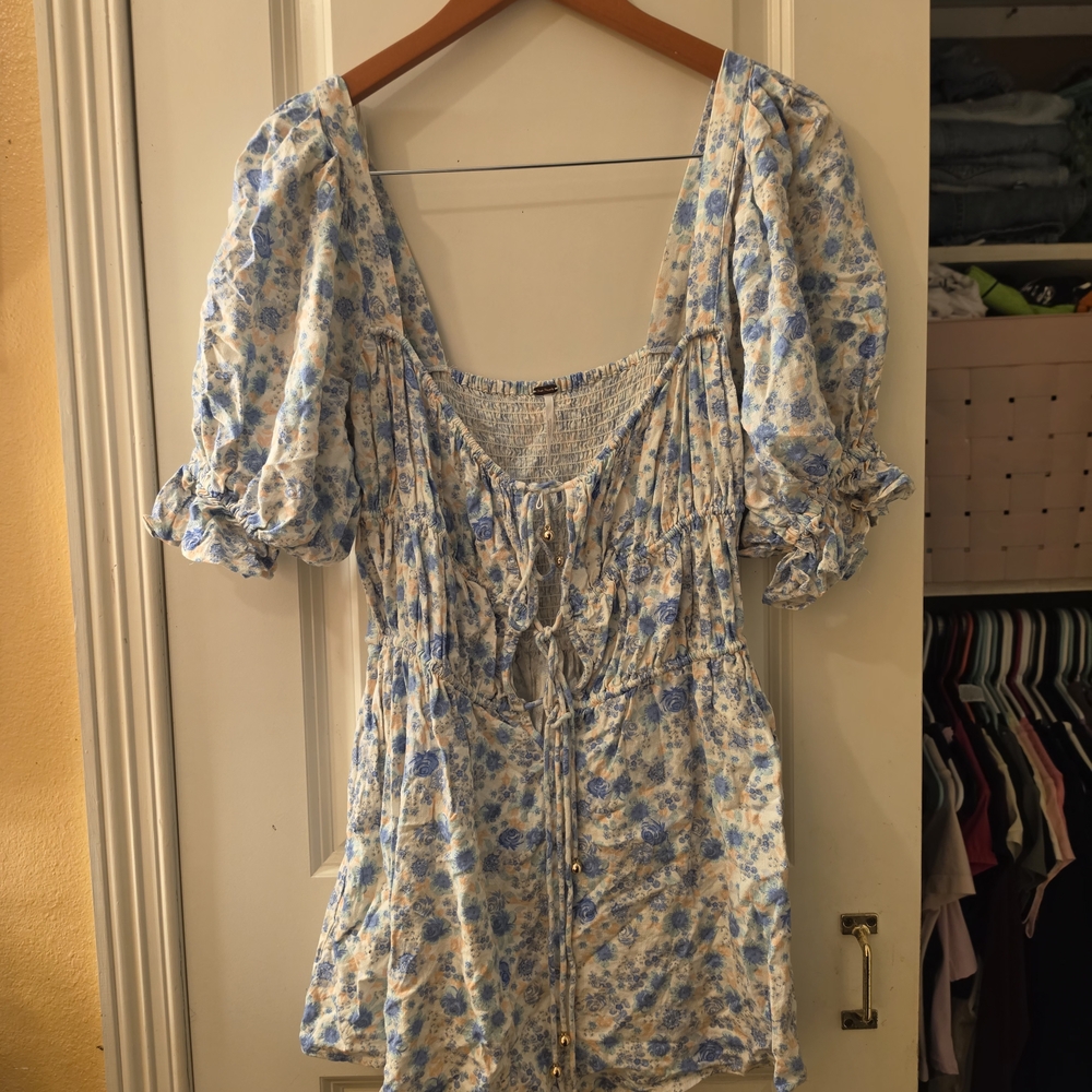 Free People Blue and Cream Floral Romper